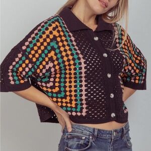 Very J Multicolor Crochet Button-Up Top